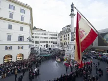Pope Francis prays in front of Mary at Piazza di Spagna for the feast of the Immaculate Conception, Dec. 8, 2015. 