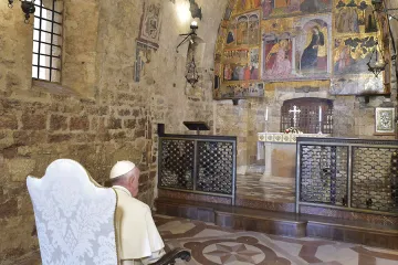 Pope Francis prays in the Porziuncola in Assisi Aug 4 2016 Credit LOsservatore Romano CNA