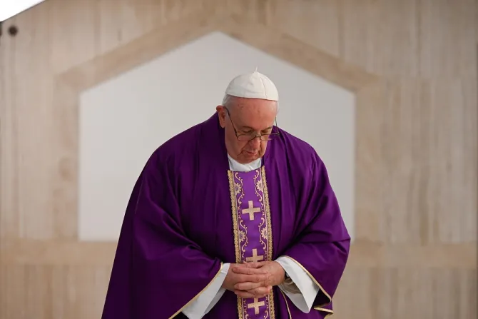 Pope Francis prays in the chapel of Casa Santa Marta March 16 2020 Credit Vatican Media