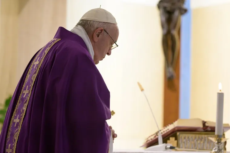 Pope Francis prays in the chapel of Casa Santa Marta March 23, 2020. Credit: Vatican Media