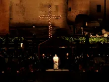 Pope Francis leads prayers for the Way of the Cross at Rome's Colosseum, April 14,  2017. 