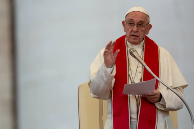 Pope Francis preaches at Vespers during a meeting with the 12th international pilgrimage of altar serves in St Peters Square July 31 2018 Credit Daniel Ibanez CNA CNA