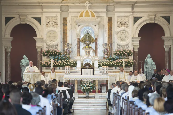 Pope Francis preaches during Mass at the basilica shrine of Our Lady of Charity of El Cobre in Santiago de Cuba Sept 22 2015 Credit LOsservatore Romano CNA 9 22 15