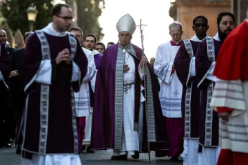 Pope Francis processes from St Anselm to the Basilica of St Sabina in Rome for Ash Wednesday March 6 2019 Credit Daniel Ibez CNA