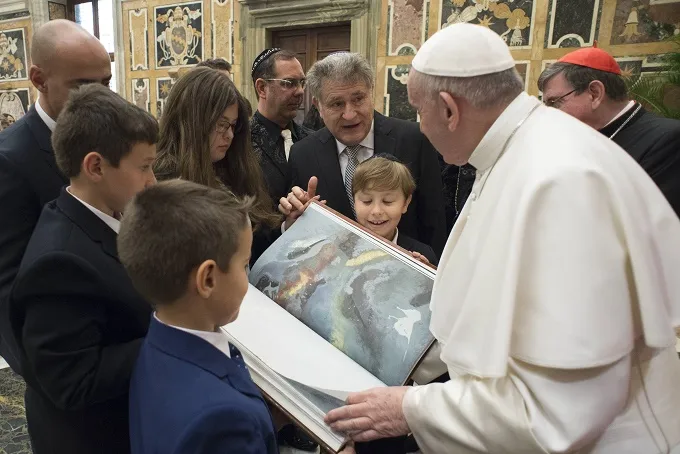 Pope Francis receives a new annotated edition of the Torah at the Vatican Feb. 23, 2017. ?w=200&h=150