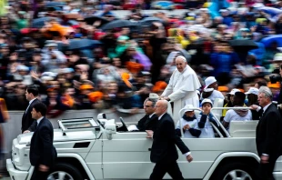 Pope Francis rides through St. Peter's Square May 15, 2019.   Daniel Ibanez/CNA.