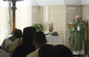 Pope Francis says Mass with Patriarch Youssef Absi at Casa Santa Marta Feb. 13, 2018.   Vatican Media/CNA.