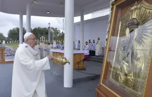 Pope Francis says Mass before the Shrine of the Mother of God in Aglona, Latvia, Sept. 24, 2018.   Vatican Media.