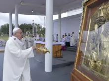 Pope Francis says Mass before the Shrine of the Mother of God in Aglona, Latvia, Sept. 24, 2018. 