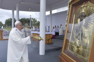 Pope Francis says Mass before the Shrine of the Mother of God in Aglona Latvia Sept 24 2018 Credit Vatican Media CNA
