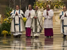 Pope Francis says Mass for clergy and religious in Philadelphia's Cathedral Basilica of Saints Peter and Paul, Sept. 26, 2015. 