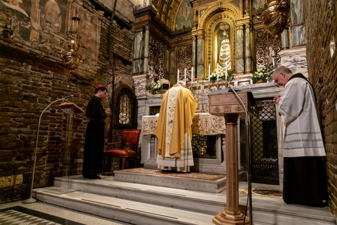 Pope Francis says Mass in the Holy House of Loreto March 25 2019 Credit Daniel Ibez CNA