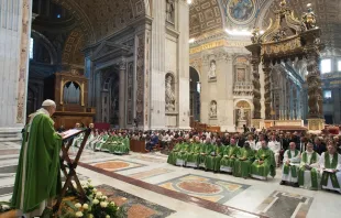 Pope Francis says a special Mass for migrants in St. Peter's Basilica July 6, 2018.   Vatican Media.
