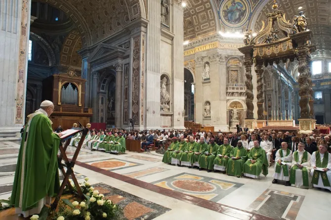 Pope Francis says a special Mass for migrants in St Peters Basilica July 6 2018 Credit Vatican Media