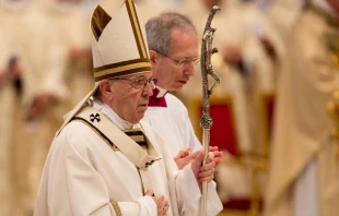 Pope Francis says the Chrism Mass at St. Peter's Basilica on March 29, 2018.   Daniel Ibanez/CNA.
