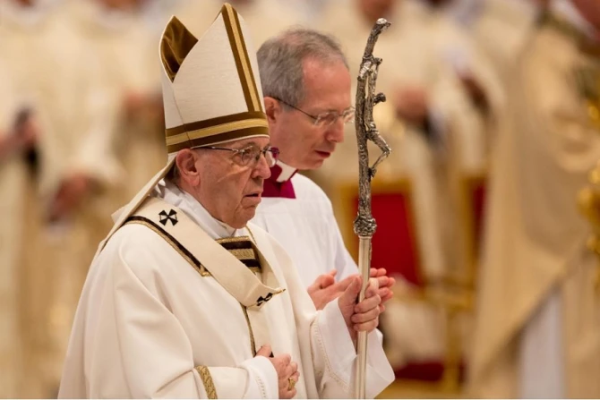 Pope Francis says the Chrism Mass at St Peters Basilica on March 29 2018 Credit Daniel Ibanez CNA