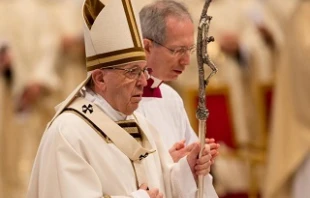 Pope Francis says Chrism Mass in St. Peter's Basilica March 29, 2018.   Daniel Ibanez/CNA.