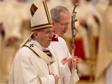 Pope Francis says Chrism Mass in St. Peter's Basilica March 29, 2018. 