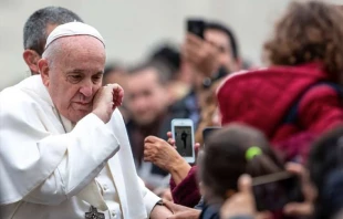 Pope Francis greets pilgrims before his general audience Feb. 26, 2020.   Daniel Ibanez/CNA.