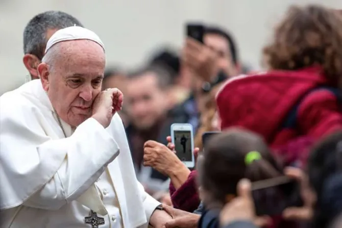 Pope Francis sick greets pilgrims before his general audience Feb 26 2020 Credit Daniel Ibanez CNA