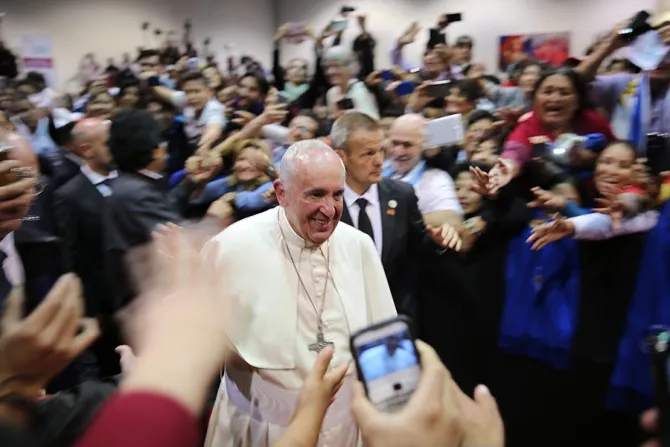 Pope Francis smiles as he walks by a crowd at the World Meeting of Popular Movements in Santa Cruz Bolivia on July 9 2015 Credit Alan Holdren CNA 7 9 15