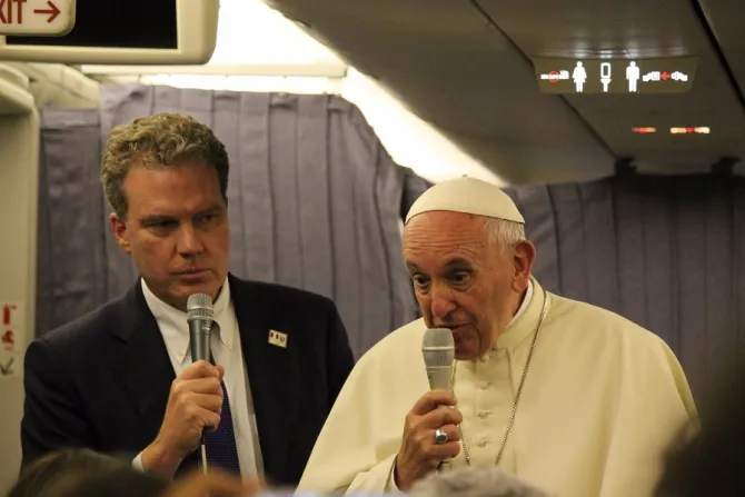 Pope Francis speaks aboard the papal plane from Lima Peru to Rome Jan 22 2018 Credit Alvaro de Juana CNA