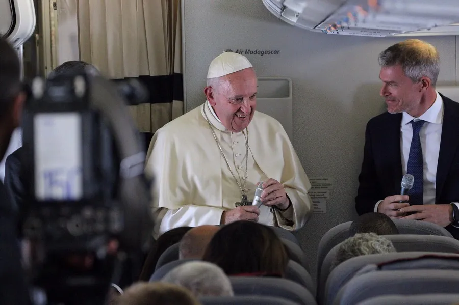 Pope Francis speaks aboard the papal plane from Madagascar to Rome Sept. 10, 2019.?w=200&h=150