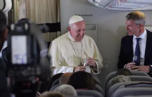 Pope Francis speaks aboard the papal plane from Madagascar to Rome Sept. 10, 2019. Edward Pentin/CNA.