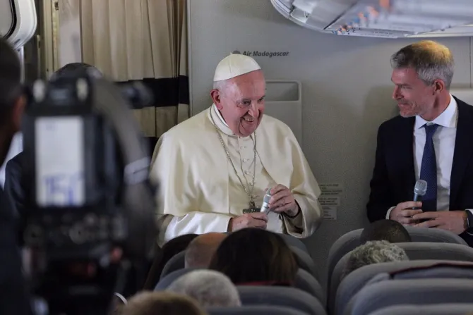 Pope Francis speaks aboard the papal plane from Madagascar to Rome Sept 10 2019 Credit Edward Pentin CNA