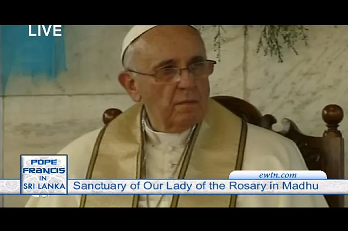 Pope Francis speaks at the Sanctuary of Our Lady of the Rosary at Madhu in Sri Lanka, Jan. 14, 2015. ?w=200&h=150