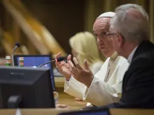 Pope Francis speaks at the climate change and modern slavery meeting in Rome, Italy on June 21, 2015. 