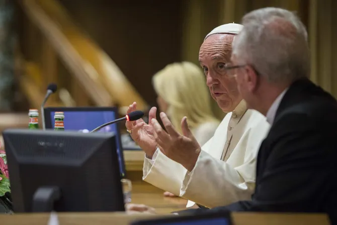 Pope Francis speaks at the climate change and modern slavery workshop in Rome Italy on June 21 2015 Credit LOsservatore Romano CNA 7 21 15