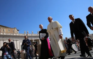 Pope Francis speaks during an audience with workers and volunteers of mercy Sept. 3, 2016.   Daniel Ibañez/CNA.
