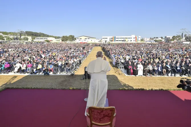 Pope Francis speaks in Alessano Italy April 20 2018 Credit Vatican Media CNA