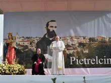 Pope Francis speaks in Pietrelcina, Italy March 17, 2018. 