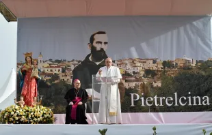 Pope Francis speaks in Pietrelcina, Italy March 17, 2018.   Vatican Media.