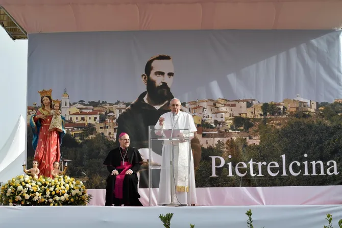 Pope Francis speaks in Pietrelcina Italy March 17 2018 Credit Vatican Media CNA