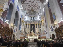 Pope Francis speaks in the Kaunas Cathedral Sept. 23, 2018. 