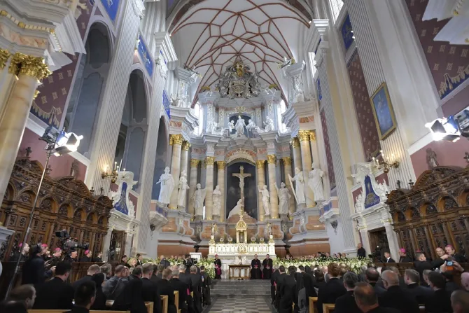 Pope Francis speaks in the Kaunas Cathedral Sept 23 2018 Credit Vatican Media CNA