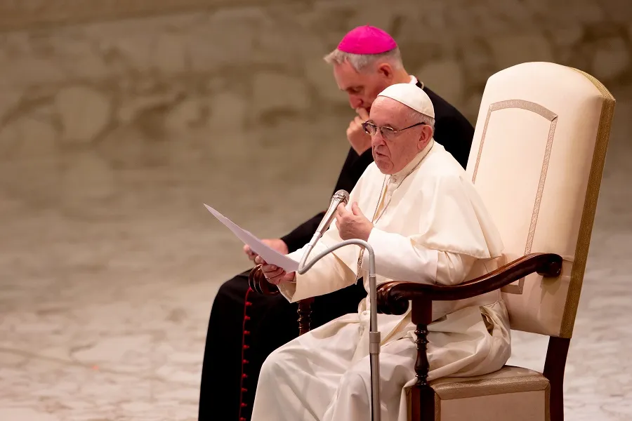 Pope Francis speaks in the Pope Paul VI Hall at the Vatican Aug. 8, 2018. ?w=200&h=150