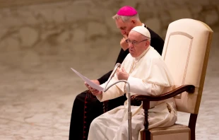Pope Francis speaks in the Pope Paul VI Hall at the Vatican Aug. 8, 2018.   Daniel Ibanez/CNA.