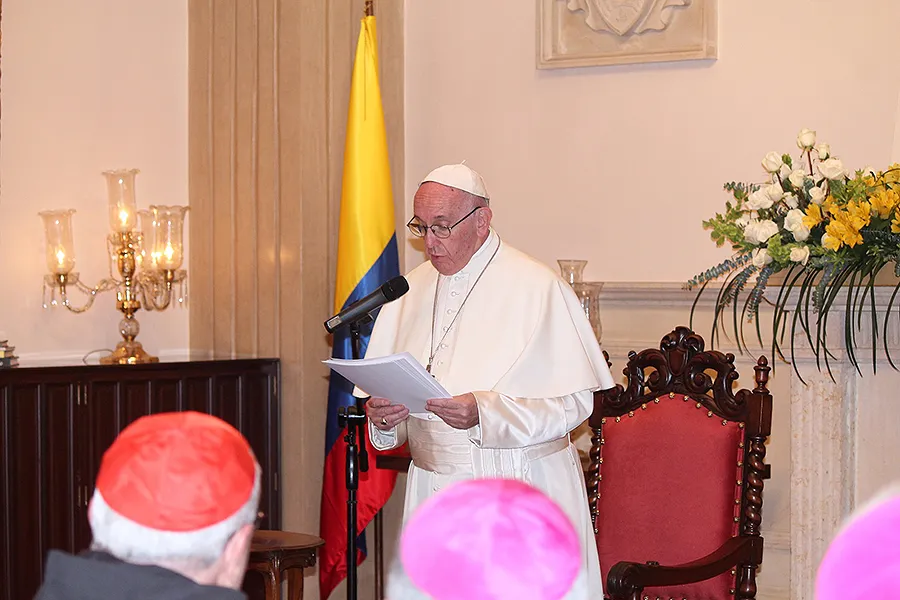 Pope Francis addresses the executive committe of CELAM at the apostolic nunciature in Bogota, Sept. 7, 2017.?w=200&h=150