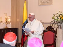 Pope Francis addresses the executive committe of CELAM at the apostolic nunciature in Bogota, Sept. 7, 2017.