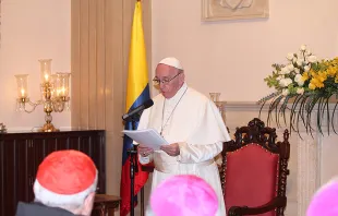 Pope Francis addresses the executive committe of CELAM at the apostolic nunciature in Bogota, Sept. 7, 2017. Alvaro de Juana/CNA.