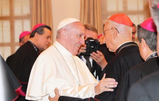 Pope Francis embraces a cardinal-member of CELAM during their encounter at the apostolic nunciature in Bogota, Sept. 7, 2017.   Alvaro de Juana/CNA.