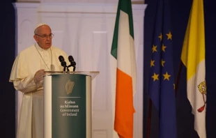 Pope Francis speaks to Irish authorities during a trip to Dublin Aug. 25.   Daniel Ibanez/CNA.