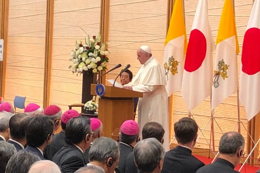 Pope Francis speaks to authorities in Tokyo, Japan Nov. 25, 2019. ?w=200&h=150