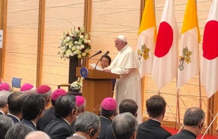 Pope Francis speaks to authorities in Tokyo, Japan Nov. 25, 2019.   Papal Flight Press Pool.
