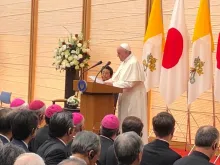 Pope Francis speaks to authorities in Tokyo, Japan Nov. 25, 2019. 
