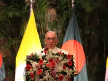 Pope Francis speaks to authorities in Dhaka, Bangladesh after his arrival Nov. 30, 2017. 